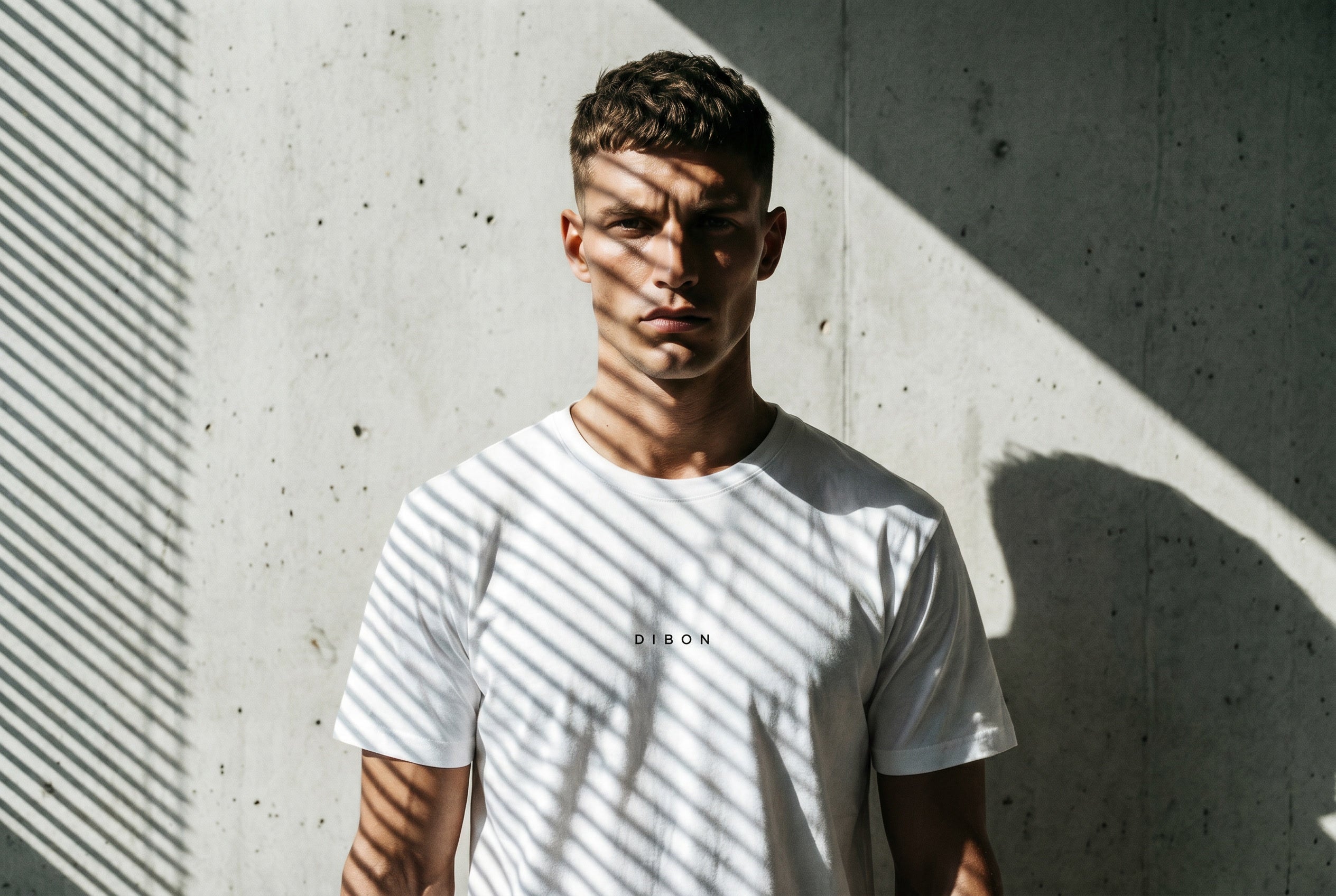 Man wearing a white t-shirt with a brand logo.