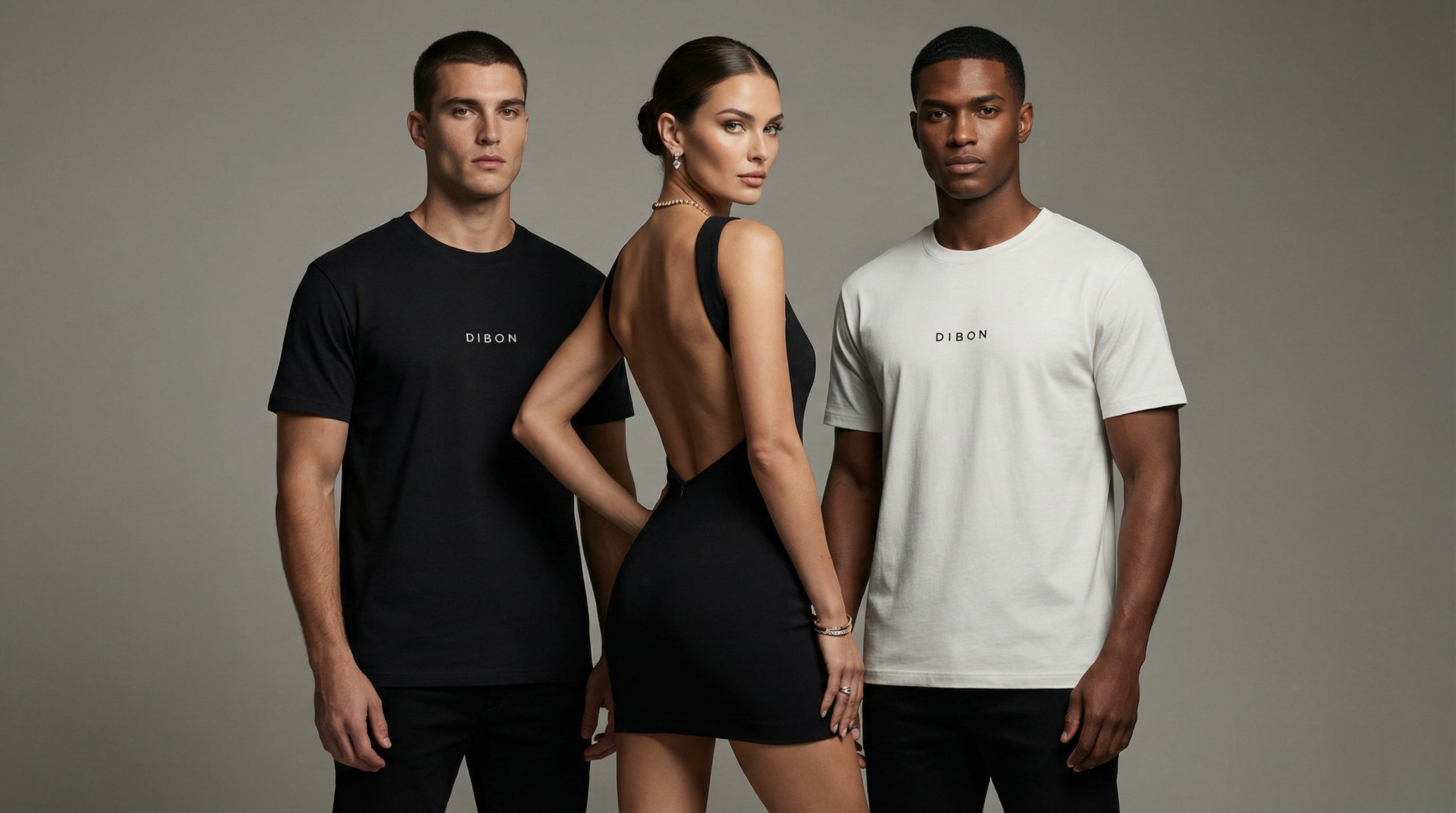 Two male models wearing black and white DIBON cotton T-Shirts for an elegant look