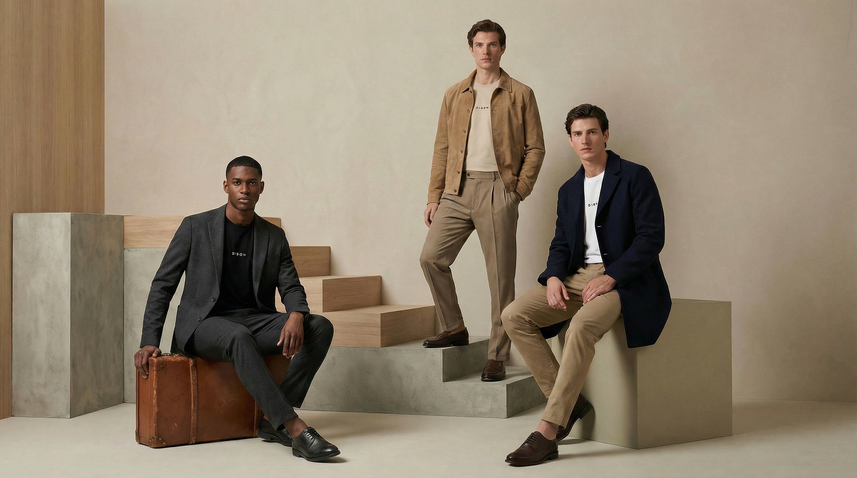Three men in formal attire posing on a neutral background