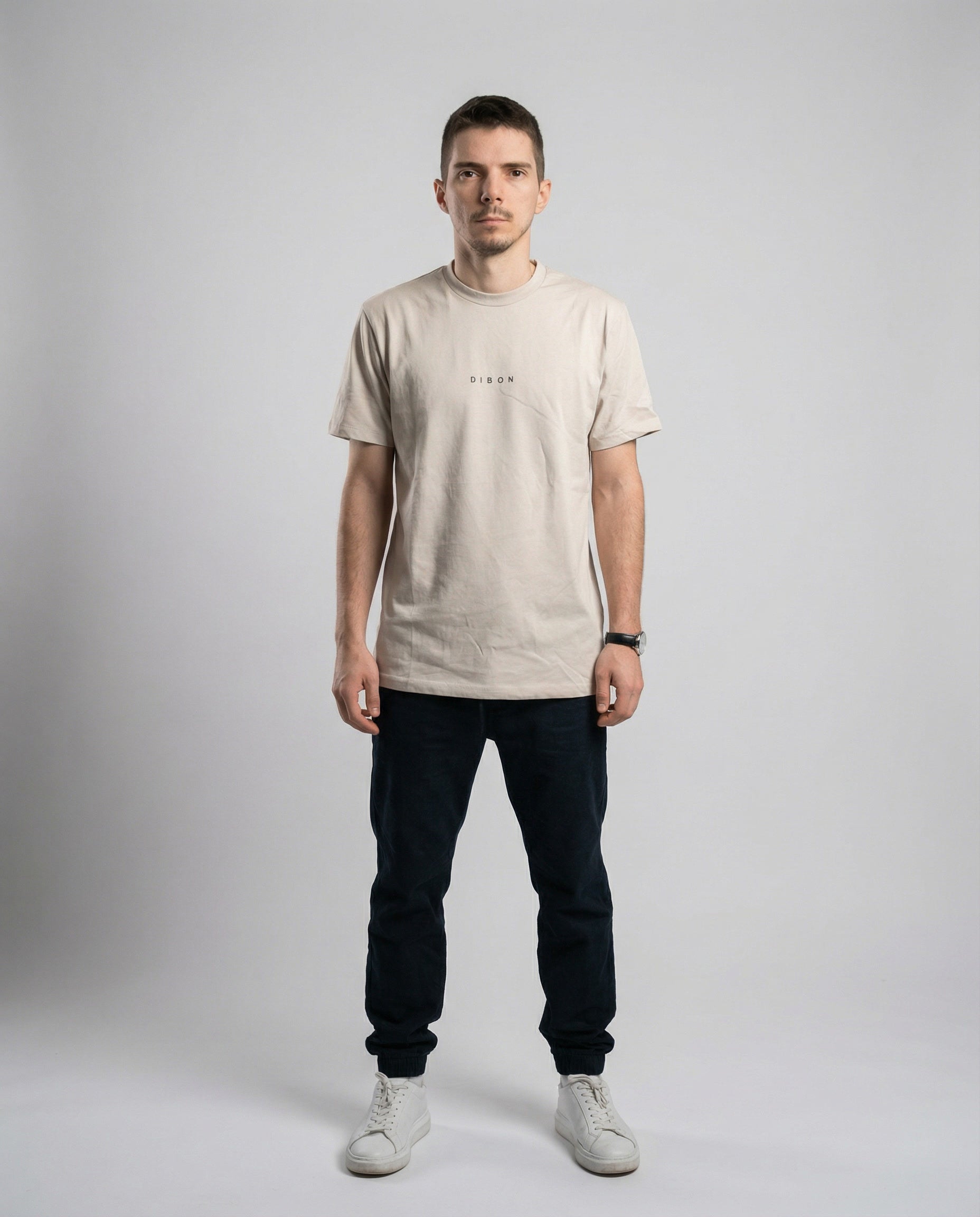 DIBON men’s cream premium t-shirt with modern fit, neutral tone and front view